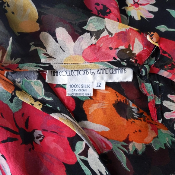Vintage 90s Umi Collections Anne Crimmins Red Poppy Floral Silk Ruched Dress 12 - Picture 8 of 8